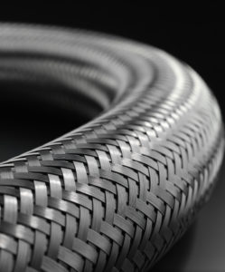 Close-up shot of a braided metal hose